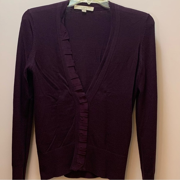 Ruffled Ribbon V-Neck ~AT LOFT ~Cardigan ~Small ~Eggplant ~ Elegant Light Weigh… - Picture 4 of 8